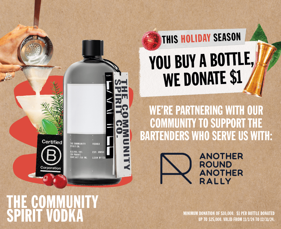 image of the community spirits bottle with the campaign you buy a bottle we donate $1